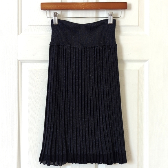 Dana Buchman Metallic Knit Pleated High Waisted Knee Length Skirt Navy Silver P - Picture 1 of 10